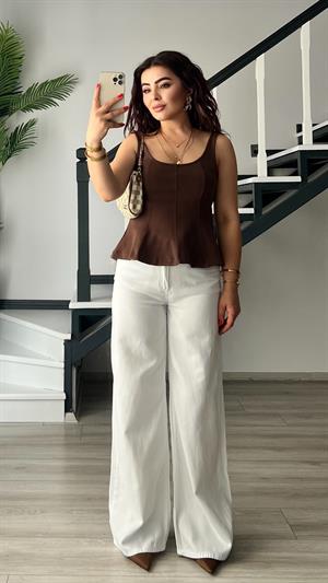 Beyaz Dökümlü Kumaş Geniş Jean