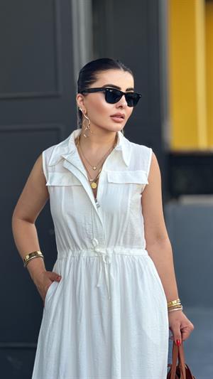 Beyaz Fermuarlı Astarlı Elbise 