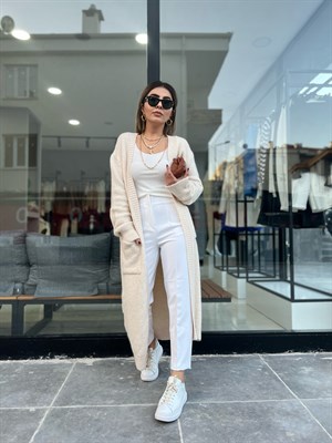 Beyaz Flatolu Kumaş Pantolon