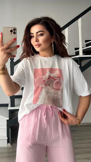 Beyaz Kedi Baskılı Tshirt