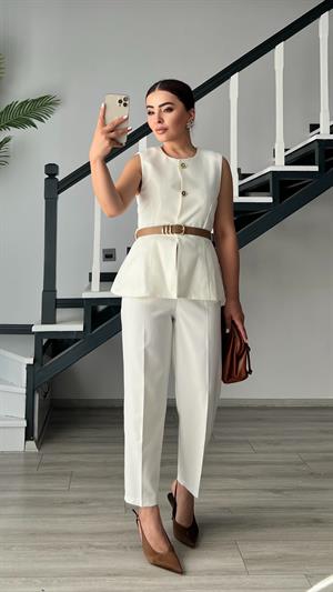 Beyaz Kemerli Duble Crep Pantolon