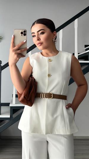 Beyaz Kemerli Gold Düğme Duble Crep Yelek