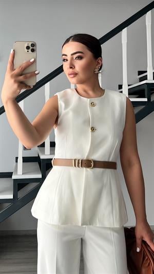 Beyaz Kemerli Gold Düğme Duble Crep Yelek