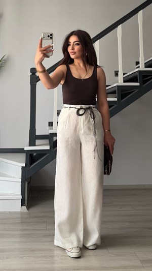 White Belted Raw Linen Pants