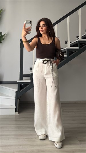 White Belted Raw Linen Pants