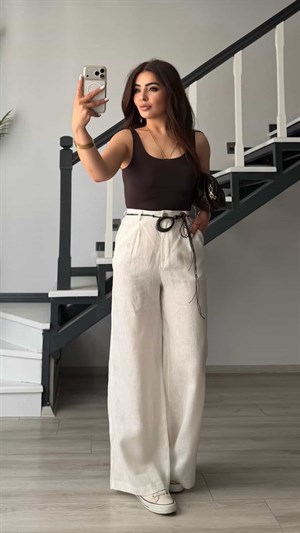 White Belted Raw Linen Pants
