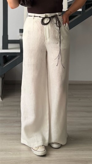 White Belted Raw Linen Pants