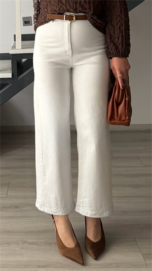 Beyaz Kemerli Likralı Wide Leg Jean