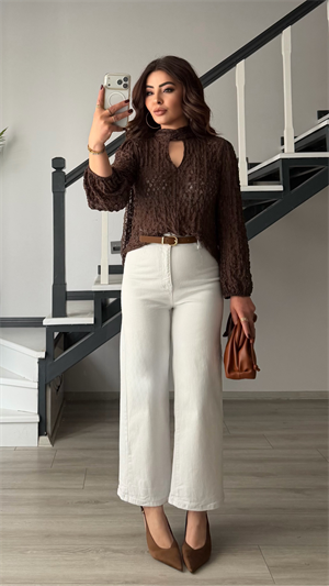 Beyaz Kemerli Likralı Wide Leg Jean