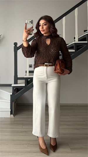 Beyaz Kemerli Likralı Wide Leg Jean