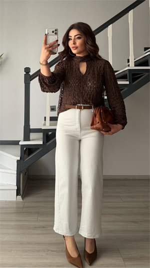 Beyaz Kemerli Likralı Wide Leg Jean