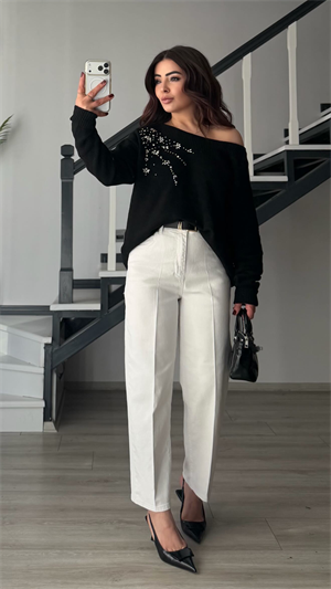 Beyaz Kemerli Skater Jean