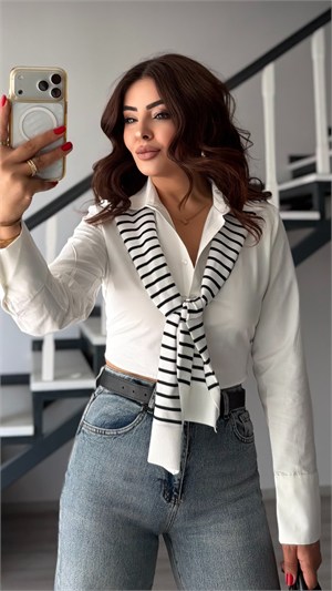 White Detachable Self-Scarf Crop Shirt