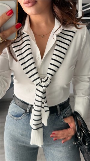 White Detachable Self-Scarf Crop Shirt