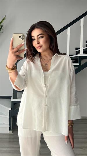 Beyaz Kendinden Dokulu Gömlek - Pantolon Takım