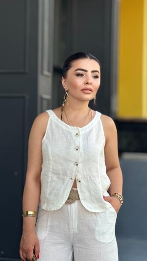 White Linen Cup Vest and Trousers Set