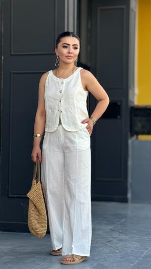 White Linen Cup Vest and Trousers Set