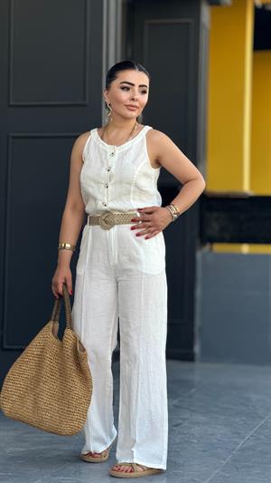 White Linen Cup Vest and Trousers Set