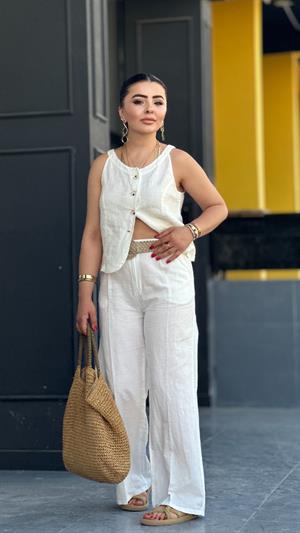 White Linen Cup Vest and Trousers Set