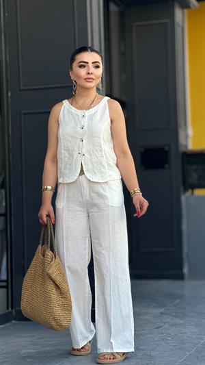White Linen Cup Vest and Trousers Set
