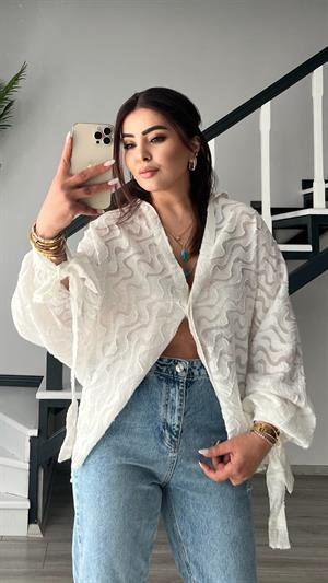 White Openwork Shirt with Tie-Up Cuffs