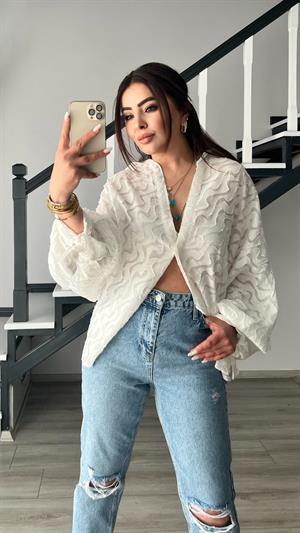 White Openwork Shirt with Tie-Up Cuffs