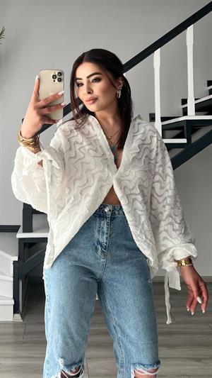 White Openwork Shirt with Tie-Up Cuffs