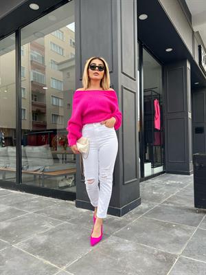 Beyaz Likralı Yırtıklı Mom Jean