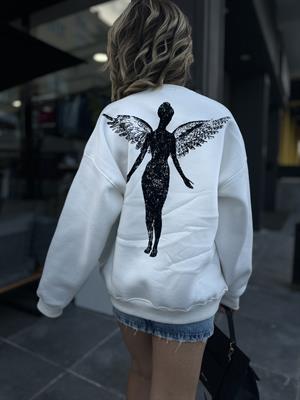 Beyaz Oversize Üç İplik Şardonlu Nirvana Baskılı Sweatsirt