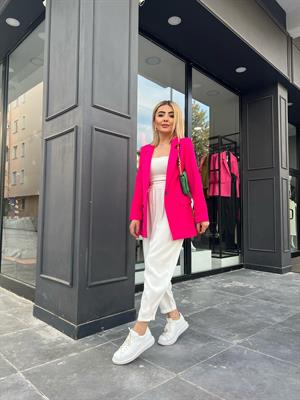 Beyaz Paça Düğmeli Şalvar Pantolon