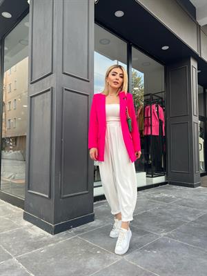 Beyaz Paça Düğmeli Şalvar Pantolon