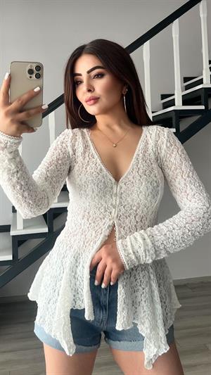 Beyaz Peplum Dantel Bluz