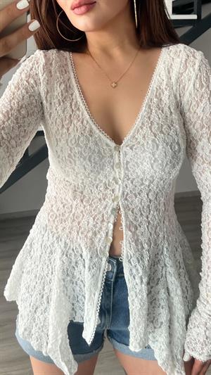 Beyaz Peplum Dantel Bluz