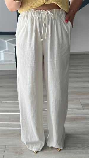 Beyaz Premium Bel Bağlamalı Keten Pantolon