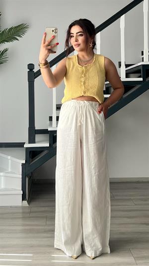 Beyaz Premium Bel Bağlamalı Keten Pantolon