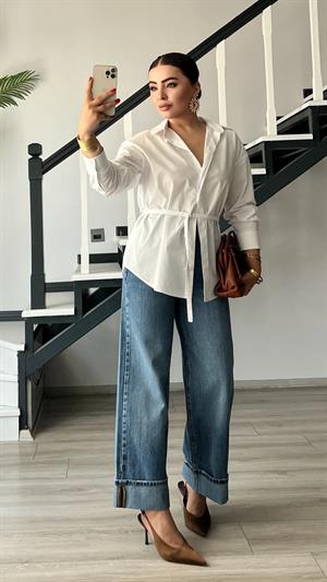Beyaz Premium Kemerli Poplin Gömlek