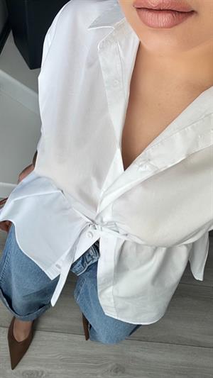 Beyaz Premium Kemerli Poplin Gömlek