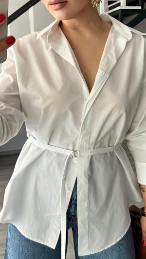 Beyaz Premium Kemerli Poplin Gömlek