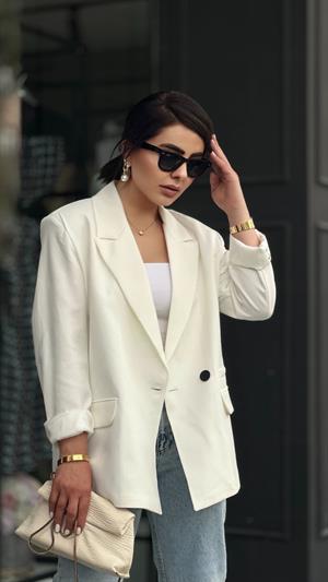 Beyaz Regular Tek Düğme Blazer Ceket