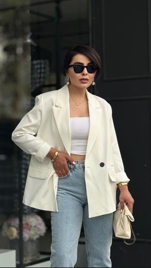 Beyaz Regular Tek Düğme Blazer Ceket