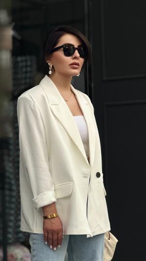 Beyaz Regular Tek Düğme Blazer Ceket