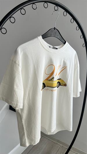 Beyaz Sarı Araba Baskılı Tshirt