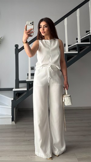 Beyaz Sırt Fermuarlı Bluz-Lastikili Pantolon Tencel Takım