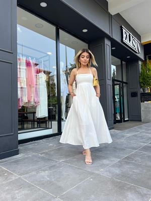 Beyaz Sırtı Çapraz Cepli Keten Elbise