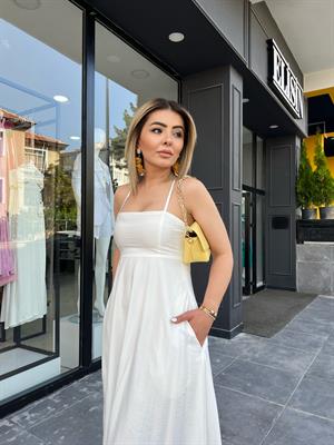Beyaz Sırtı Çapraz Cepli Keten Elbise