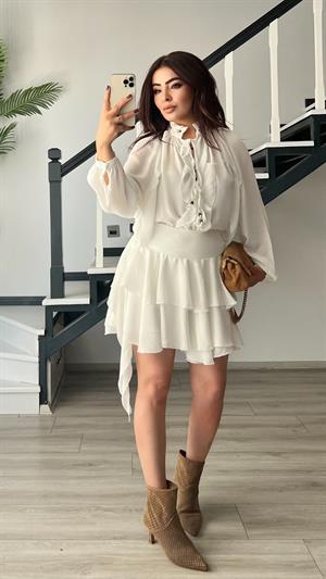 Beyaz Şort Astarlı Bel Bağlama Detaylı Mini Etek