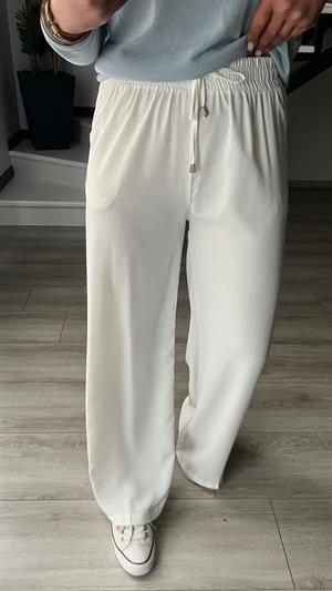 Beyaz Tensel Kumaş Beli Lastikli Pantolon