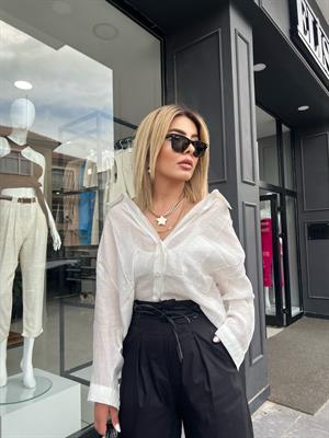 Beyaz Tensel Kumaş Oversize Gömlek