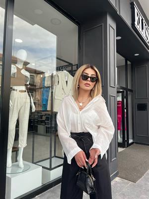 Beyaz Tensel Kumaş Oversize Gömlek