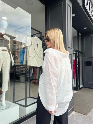 Beyaz Tensel Kumaş Oversize Gömlek